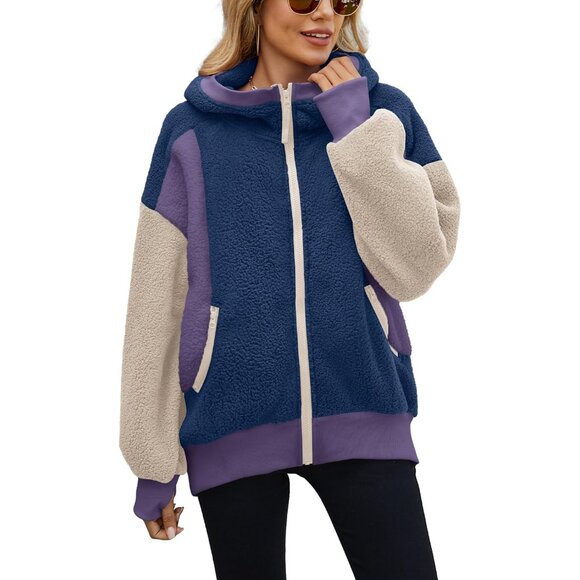 Womens Oversized Sherpa Fleece Jacket Cozy Zip Hood Pockets Winter Outerwear - Picture 1 of 5